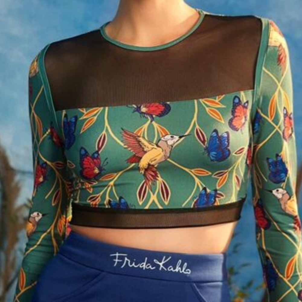 NEW Frida Kahlo Close Ties Sheer Mesh Insert Floral Crop Top